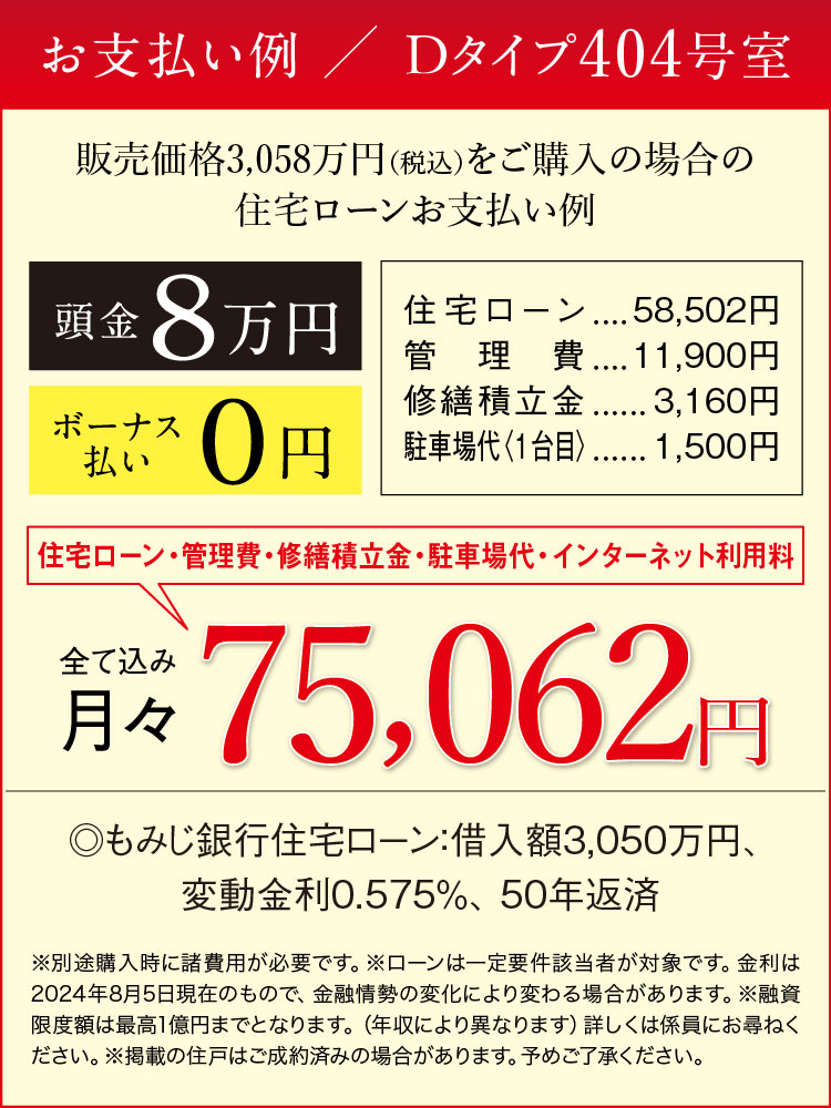 ローン支払い例、Dタイプ404号室、月々75,062円